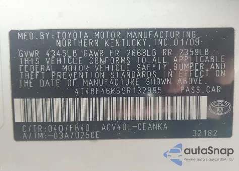 2009 Toyota Camry Le from USA, damaged, VIN 4T4BE46K59R132995